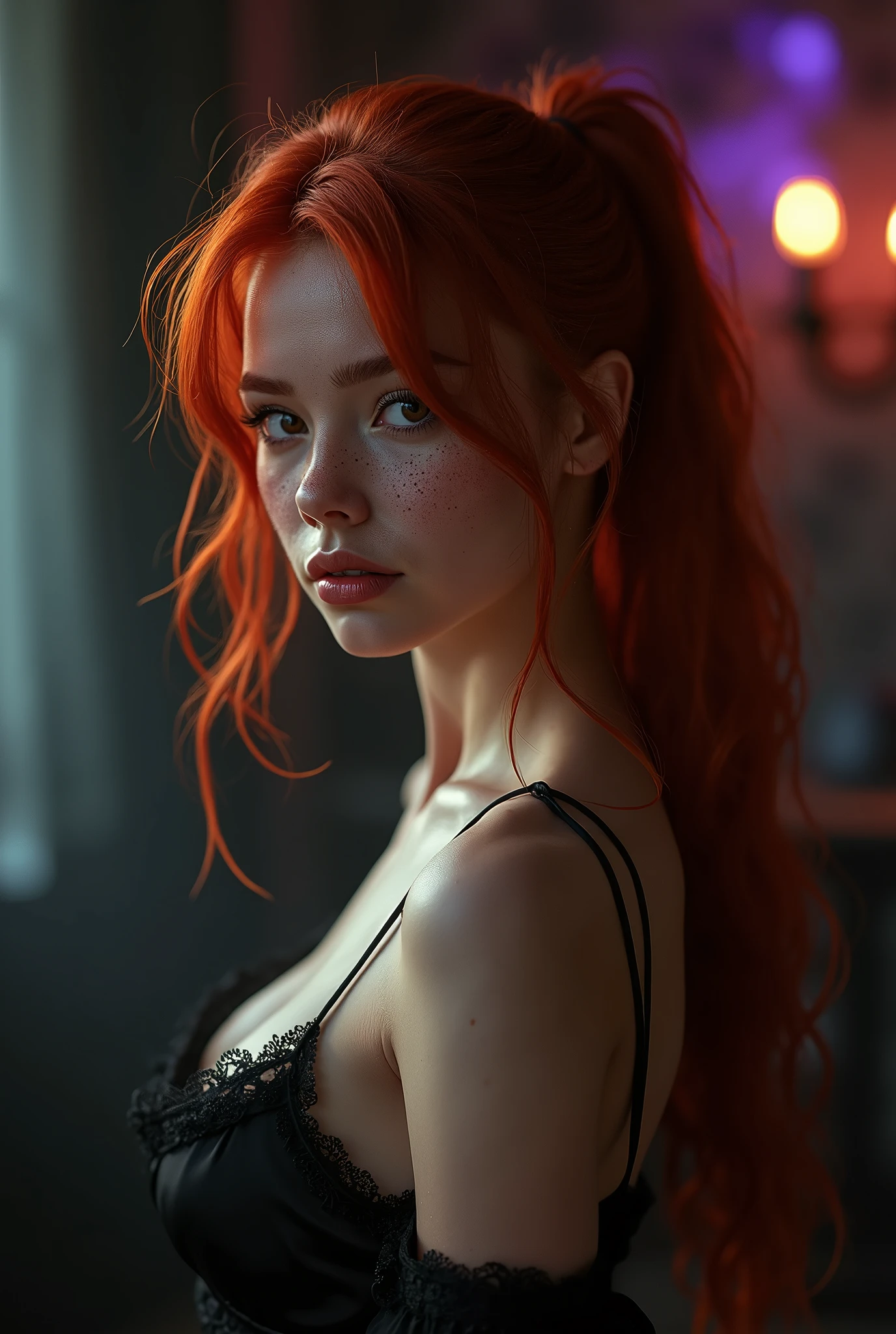 (8k, CRU photo, highest quallity),(spectacular realistic:1.5), Kizi, Dynamic posture,erotic face,chemise,(be familiar with eyes:0.8),(Look to the camera:1.4), (highest quallity), (best shade),details Intricate,cinematic,((Skinned:1.4)),hinterland, (red hair with long ponytail:1.3),dark studio,(HDR:1.5),be familiar with, calm colors, freckles, yellow and purple lights in the background