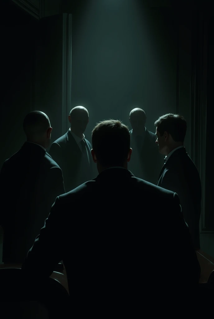 Secret meeting with 4 men and a woman in a dark room, no faces visible