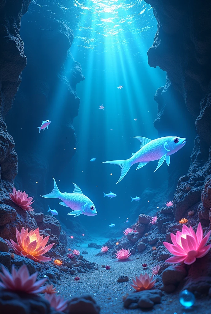 Become a creator, draw the seabed and there are neon white fish and precious stones that shine with their edges from a bright light source from above and a little from the side