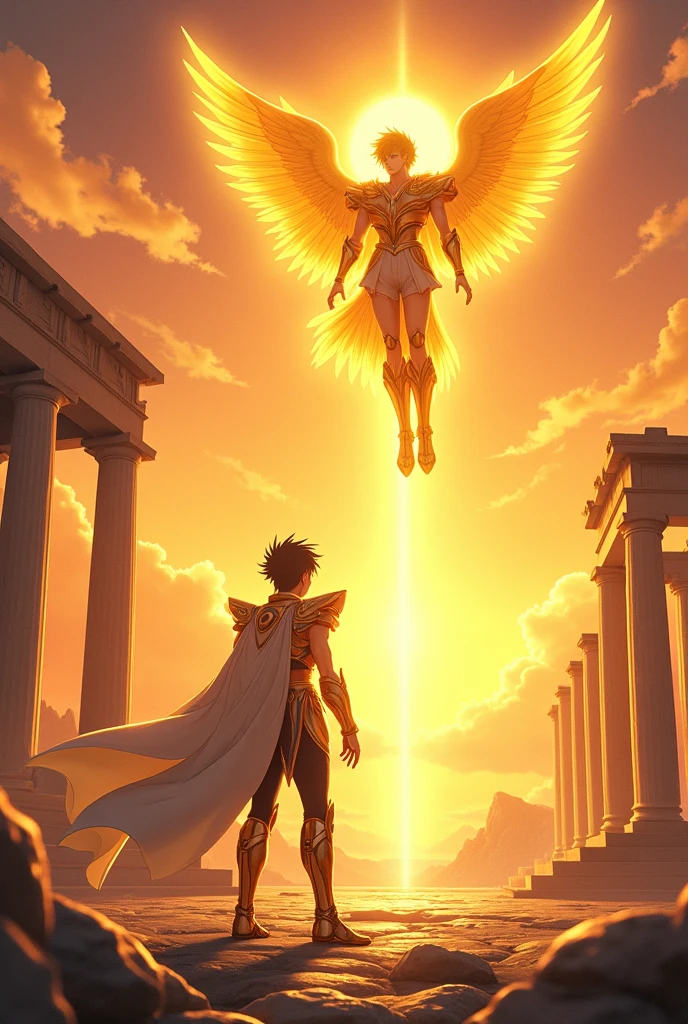 adolescente com uma roupa vermelha e branca, Cavaleiros do Zodíaco, unreal motor render São Seiya, arte oficial, joseph joestar, Arte da sede, arte oficial do anime, Akira Toriyama, Obra-prima do anime, Deus grego no estilo mecha, Parte Brando, capa de filme. A scene at sunset with a sky in shades of orange, purple, and gold. Seiya, wearing his Pegasus armor, stands in a questioning pose, facing Apollo, who hovers slightly above the ground, radiating a golden aura. Apollo's expression is enigmatic, with glowing golden eyes. The background features ruins of Greek temples and celestial pillars, blending with the sky. The atmosphere is serene yet tense, highlighting the philosophical confrontation between the mortal Seiya and the divine Apollo, with the landscape emphasizing their contrasting natures.