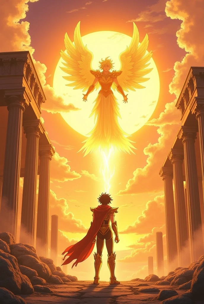adolescente com uma roupa vermelha e branca, Cavaleiros do Zodíaco, unreal motor render São Seiya, arte oficial, joseph joestar, Arte da sede, arte oficial do anime, Akira Toriyama, Obra-prima do anime, Deus grego no estilo mecha, Parte Brando, capa de filme. A scene at sunset with a sky in shades of orange, purple, and gold. Seiya, wearing his Pegasus armor, stands in a questioning pose, facing Apollo, who hovers slightly above the ground, radiating a golden aura. Apollo's expression is enigmatic, with glowing golden eyes. The background features ruins of Greek temples and celestial pillars, blending with the sky. The atmosphere is serene yet tense, highlighting the philosophical confrontation between the mortal Seiya and the divine Apollo, with the landscape emphasizing their contrasting natures.