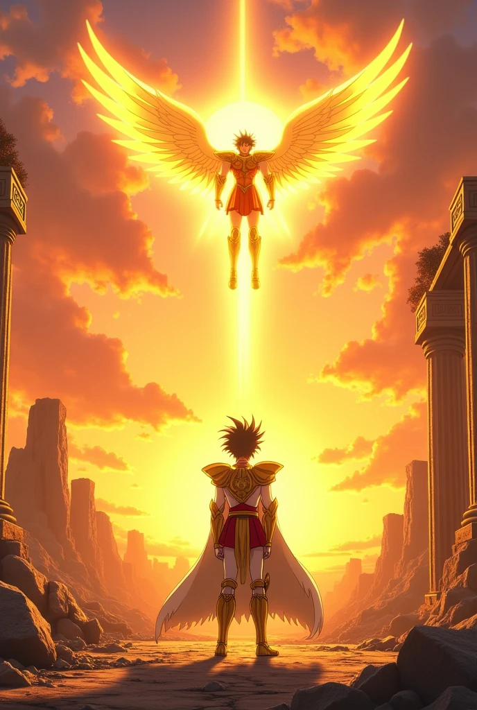 adolescente com uma roupa vermelha e branca, Cavaleiros do Zodíaco, unreal motor render São Seiya, arte oficial, joseph joestar, Arte da sede, arte oficial do anime, Akira Toriyama, Obra-prima do anime, Deus grego no estilo mecha, Parte Brando, capa de filme. A scene at sunset with a sky in shades of orange, purple, and gold. Seiya, wearing his Pegasus armor, stands in a questioning pose, facing Apollo, who hovers slightly above the ground, radiating a golden aura. Apollo's expression is enigmatic, with glowing golden eyes. The background features ruins of Greek temples and celestial pillars, blending with the sky. The atmosphere is serene yet tense, highlighting the philosophical confrontation between the mortal Seiya and the divine Apollo, with the landscape emphasizing their contrasting natures.