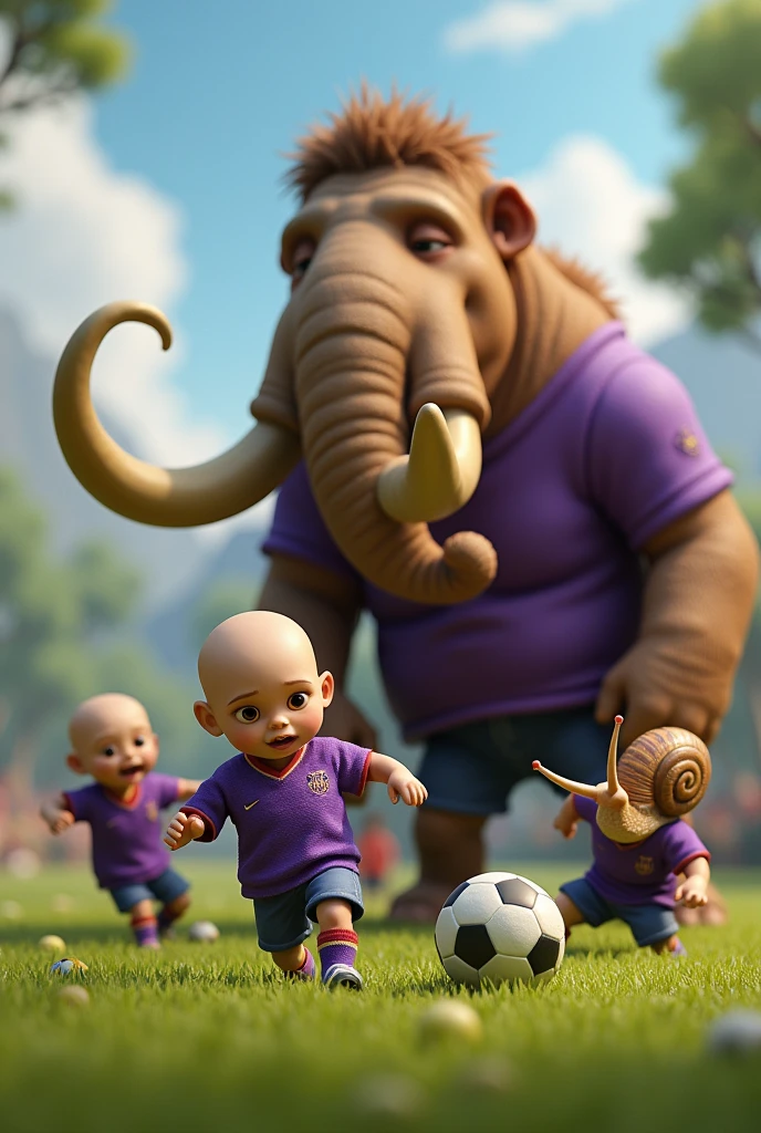 a bald, a snail, and a mammoth in purple soccer jerseys playing soccer