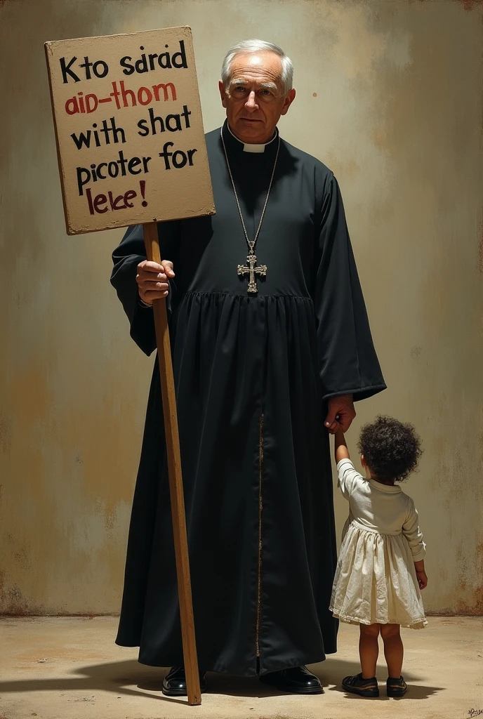 A Catholic priest stands facing forward, holding a sign with one hand and a small child's hand with the other., whole body, both facing each other