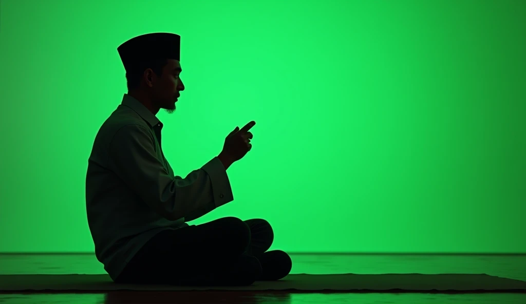 (photorealism:1.2), silhouette image, a man,wearing a traditional black cap typical of Indonesia, sit down, on the floor,is teaching, picture at the left end of the frame, Tosca green color background