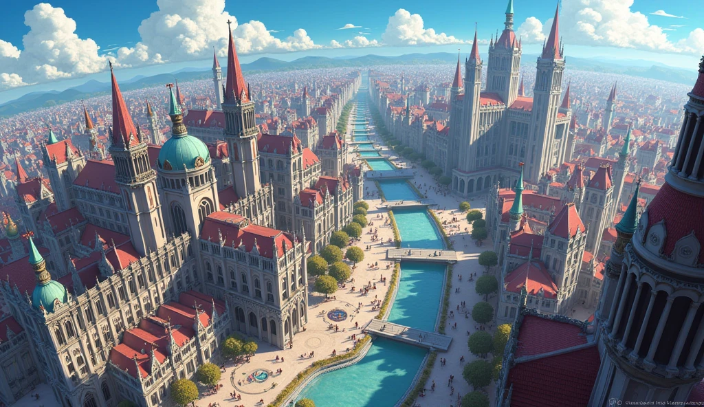 a city with gothic, aristocratic and carnival vibes in anime style, bird eye view