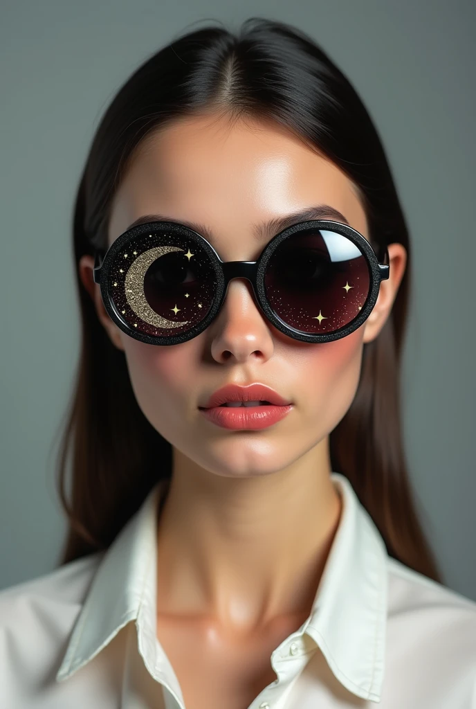 The model is wearing glass sunglasses with stars and the moon on the glass