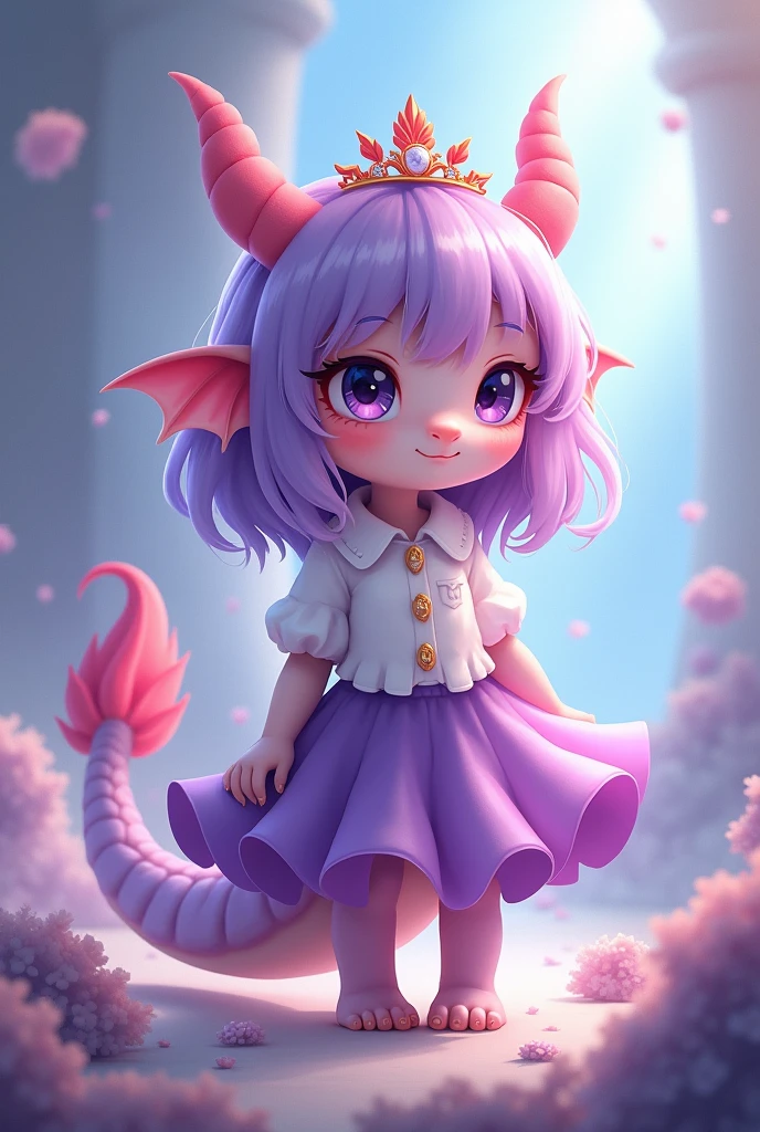 Pink  dragon with lilac hair wearing a purple skirt and white shirt and a tiara holding her hair anime