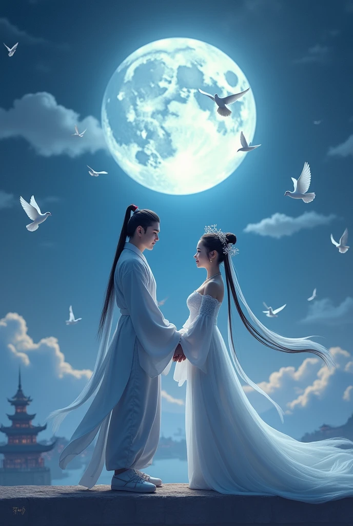 At night, the round moon hangs in the sky. In Chinese mythology, the Cowherd and Weaver Girl, a boy wearing Hanfu and a girl wearing white Hanfu and a gorgeous headdress, face to face, holding hands tightly together. The two of them stand on a bridge made up of many pigeons in the sky, surrounded by white clouds. In the distance, there are ancient Chinese towers, like palaces in the sky,Full Length Shot,full body shot, highly detailed,photography,beautiful cinematic lighting --stylize 950 --personalize --v 6.1