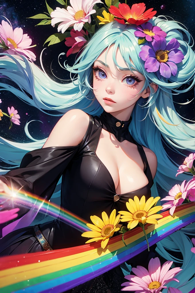Girl with long rainbow hair, face up, space in eyes, flowers