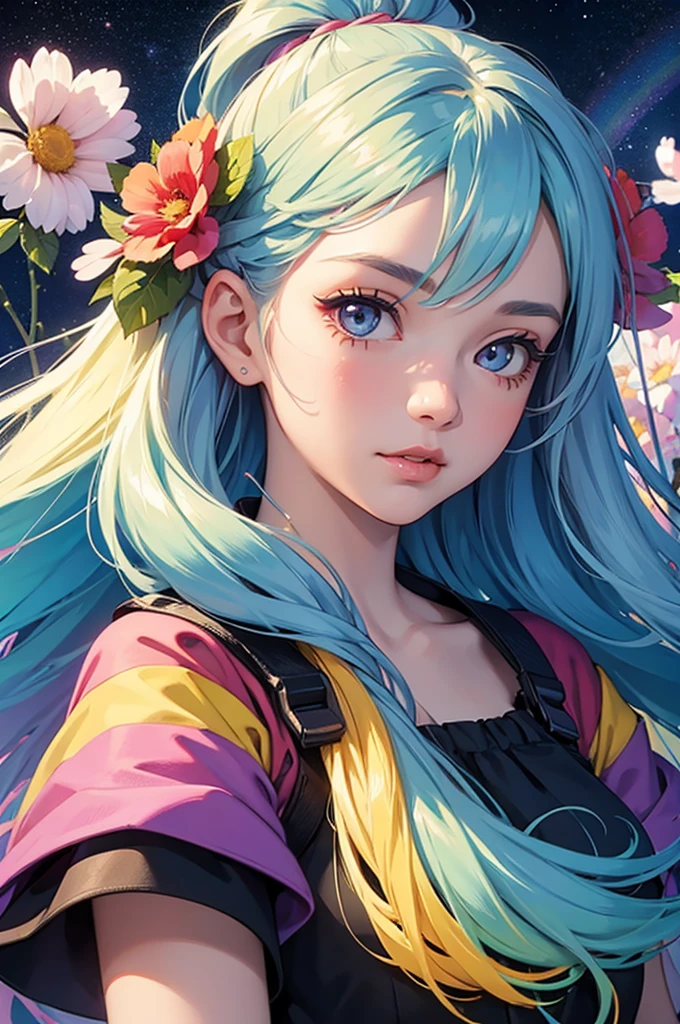 Girl with long rainbow hair, face up, space in eyes, flowers