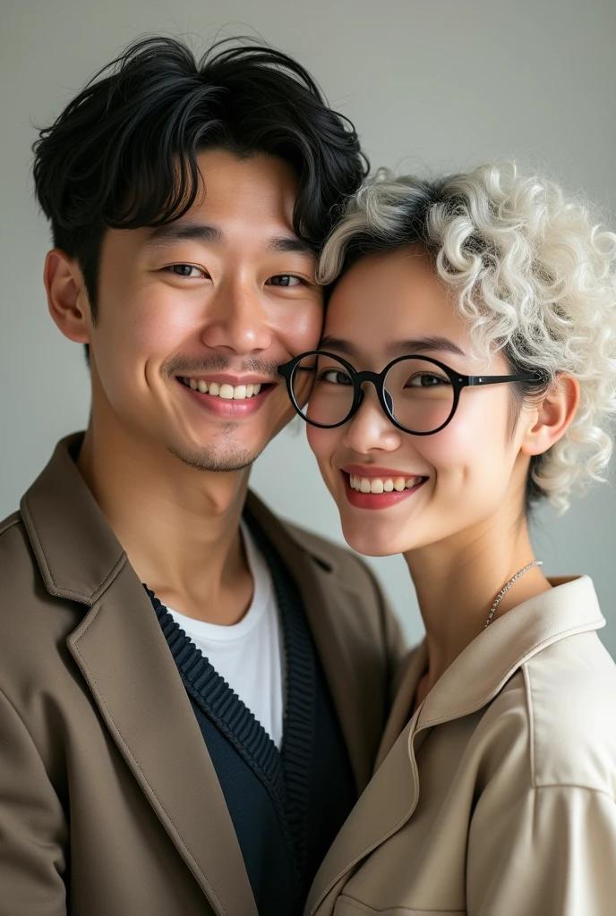 It's a couple, the man is an architect, medium-tall, chubby., of white teas with a beautiful smile,short black hair and the girl is a white tea master, short and curly hair, with round lenses