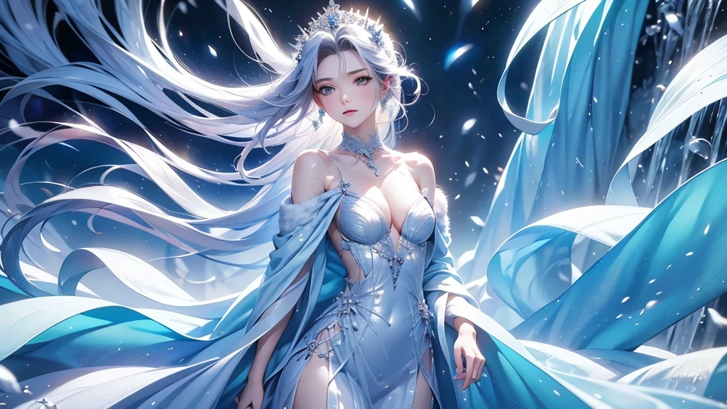 masterpiece:1.5, 1girl, Off-the-shoulder dress, fur coat, stand