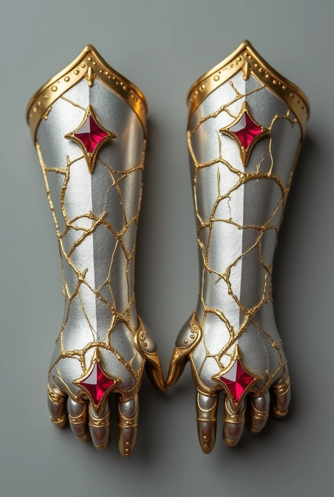 Silver Vambrace Bracelets with golden crack designs and 2 small red ruby Stars in the middle of the Vambrace Bracelets 