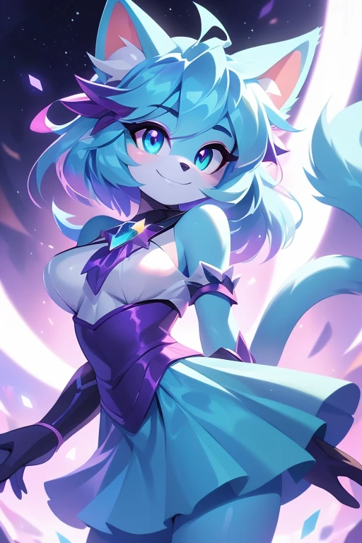 ((best qualityer)), ((Masterpiece artwork)), (detailded), complete body, facing at viewer, face perfect, cabelo roxo, Star Guardian, short cyan hair, heterochromia, eyeballs roxos e cianos, eyeballs roxos brilhantes, long eyelashes, cyan blue fur, cyan blue cat ears, ssmile doce,  magic. purple and cyan hair, long eyelashes, solid circle eyeballs, fake cat ears, light ssmile, ear flush, Gradient hair, heterochromia, Gradient_eyeballs, eyeballs arregalados, students shining, purple eyeballs, cyan eyeballs, ssmile, looking straight ahead, wide plan, 8k, super detaill, precise, best qualityer, work of art, anatomically correcte, High details, high resolution
