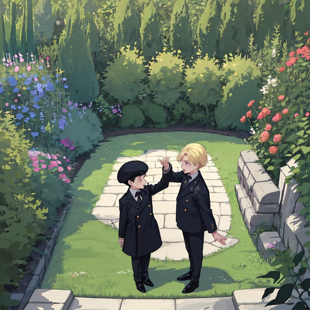 two boys, children, a taller one with black hair and a shorter one with blond hair, wearing clothes from the forties, wearing a beret, playing in the garden