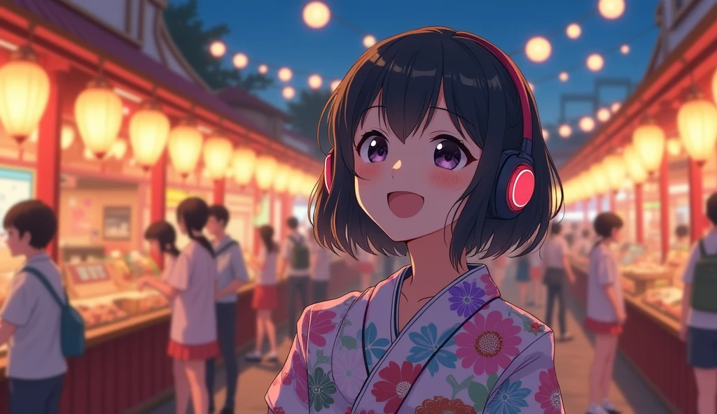 Perfect image, 8k、summer、night、high school girl、Mature、yukata、looks fun、smile、Using headphones、festival、stall、 2D-style animation, Lo-Fi、Retro、Emotional、Anime style illustrations