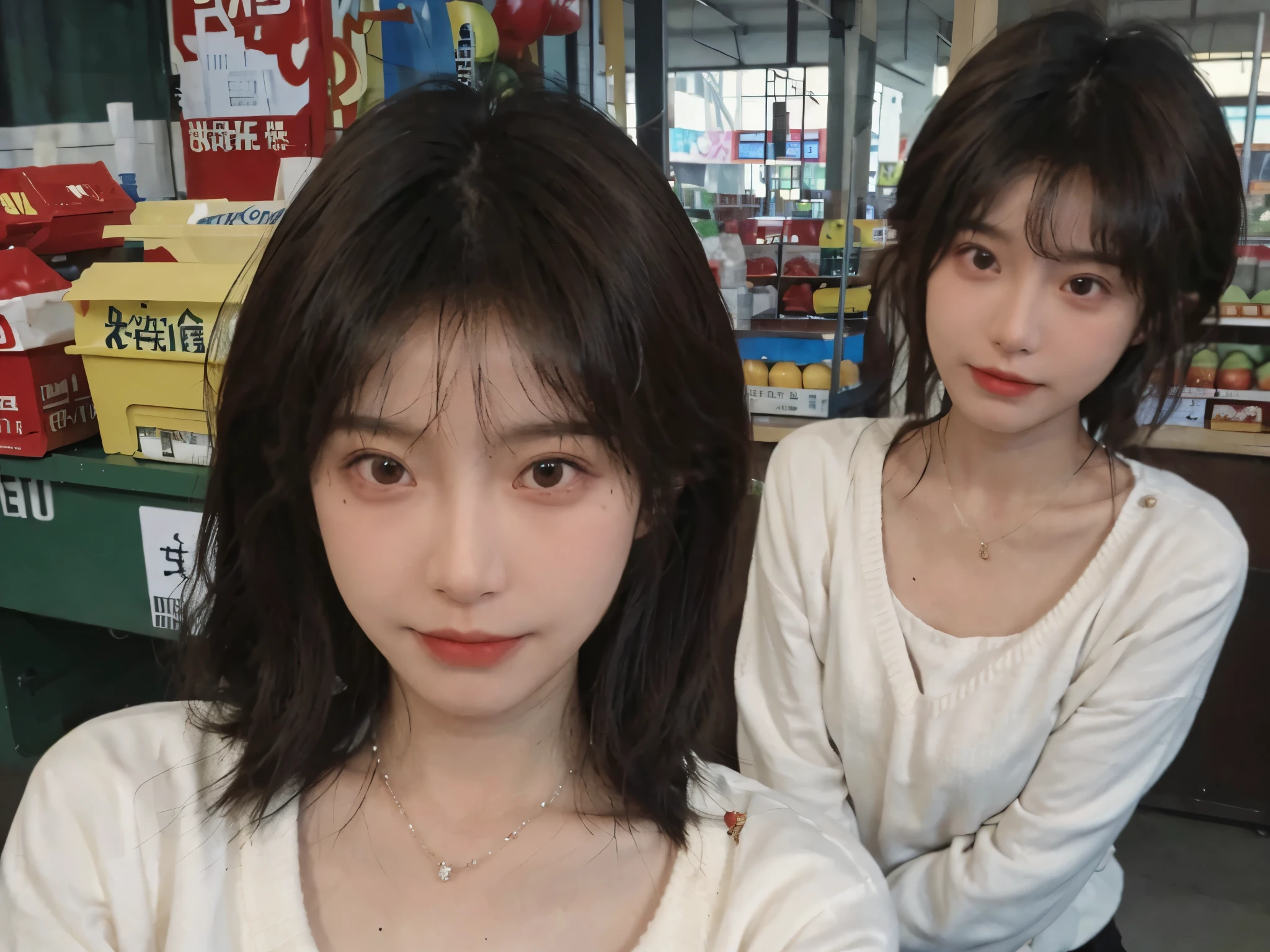 Best quality,Ultra-high resolution,(Realism:1.4),Cute hairpins,Baoyu Girl,1 Girl,Red short sweater,Beautiful woman with a slim figure:1.4,Abdominal muscles:1.1,(Brown hair,Mid-chest:1.3),supermarket,Super delicate face,Exquisite eyes,Double eyelids,make faces,necklace