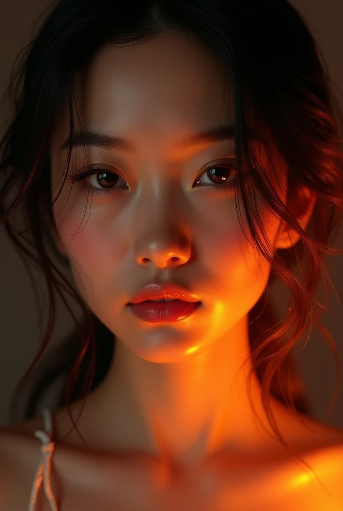 Hyperrealistic portrait of a beautiful sexy lips and eyes asian lady, her skin bathed in soft orange hues, intricate details in facial features, soft lighting, hyperdetailed, vibrant contrast. Dark moody
