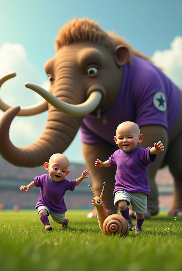 a bald, a snail, and a mammoth in purple soccer jerseys playing soccer