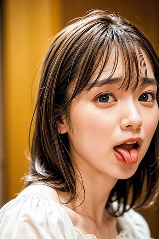 realistic, photo-realistic, best quality, masterpiece, intricate details, extremely detailed, face focus, solo, a Japanese woman, (blouse), dark hair, short cut, detailed face, detailed eyes, sophisticated nose, realistic nostrils, pale skin, (open mouth, perfect tongue, tongue out:1.3), photo background, indoors,