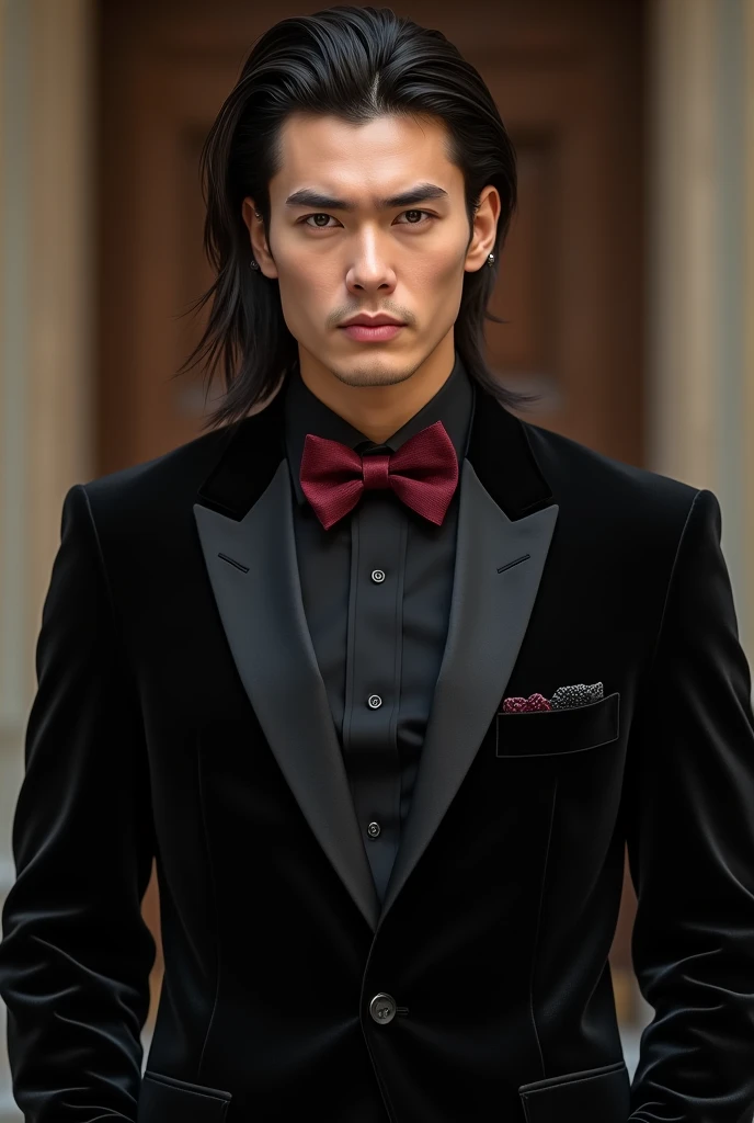a man dressed in a black velvet suit with a mullet haircut, the black shirt the burgundy bow