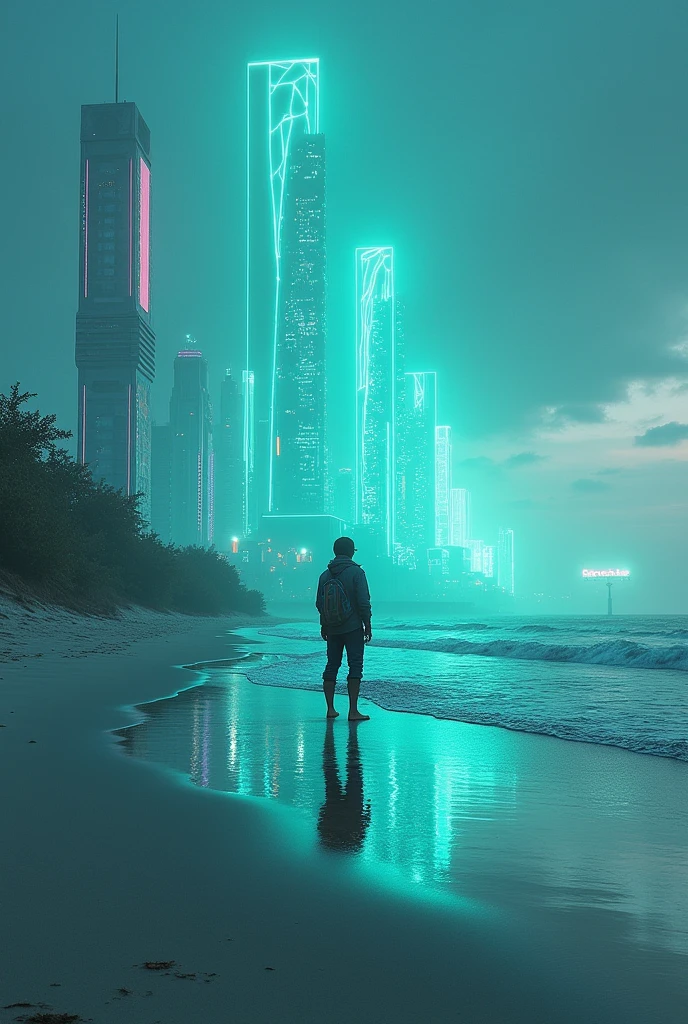 a cyberpunk themed beach, in the color tone of blue and green