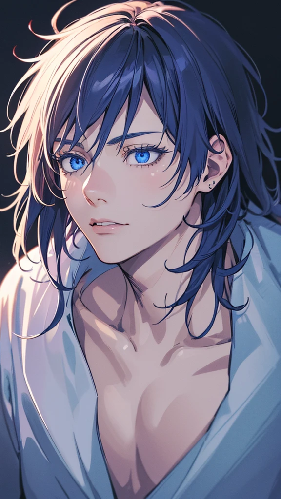 Gojo Satoru, extremely detailed portrait, beautiful detailed eyes, long eyelashes, beautiful detailed lips, beautiful detailed face, highly detailed hair, intricate hair strands, striking pose, intense expression, powerful aura, piercing blue eyes, smooth porcelain skin, delicate facial features, ambient lighting, cinematic lighting, dramatic shadows, vibrant colors, hyperrealistic, (best quality,4k,8k,highres,masterpiece:1.2),ultra-detailed,(realistic,photorealistic,photo-realistic:1.37)