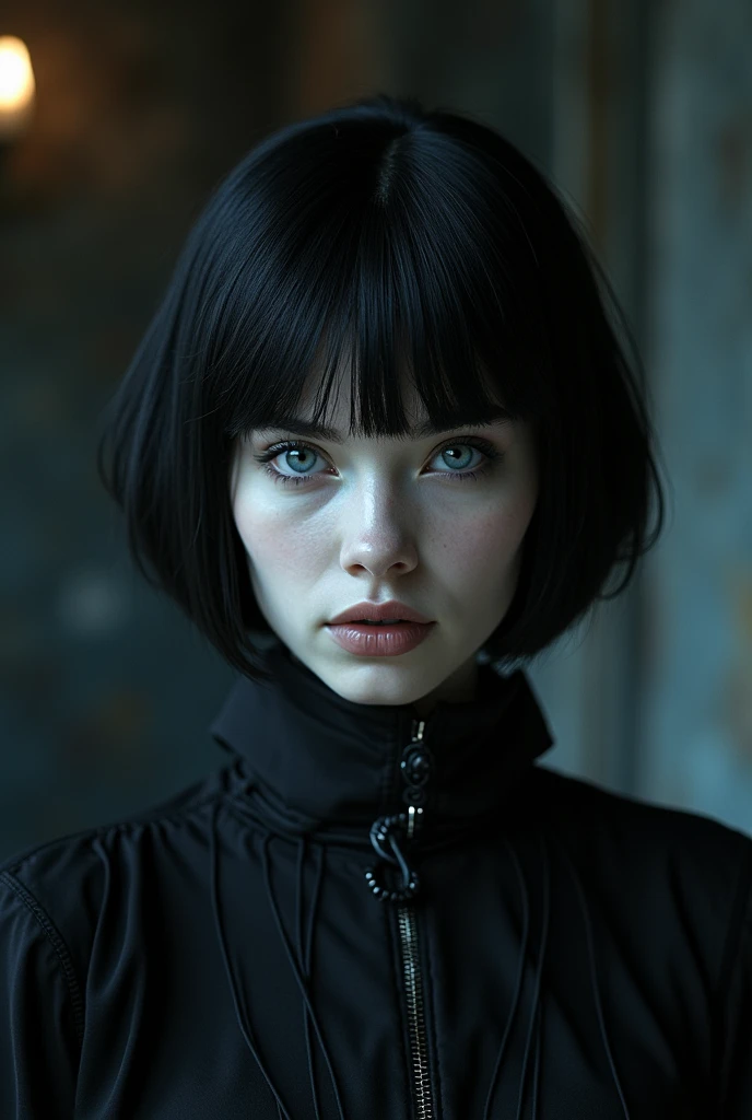 A teenager with physical features of Elsa and Merlina Adams, with a rigid and serious appearance