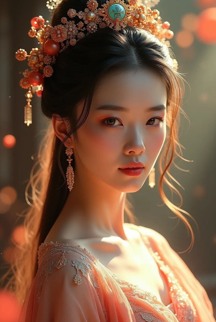 A beautiful detailed ethereal Asian princess, high-quality award-winning portrait, realistic, delicate facial features, soft glowing skin, flowing hair, ornate headdress, elegant pose, dramatic lighting, warm color palette, cinematic composition, detailed texture, photorealistic, 8k, best quality, masterpiece