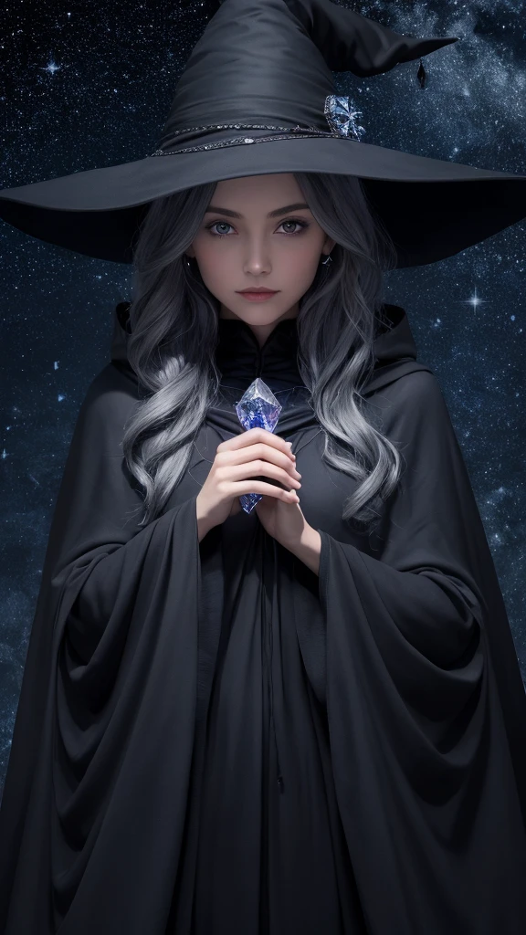 A single witch wearing a dark blue hat and cloak, with wavy gray hair, holding a crystal. She is gazing directly at the viewer. The background features a starry sky and moon, with only her upper body depicted.
