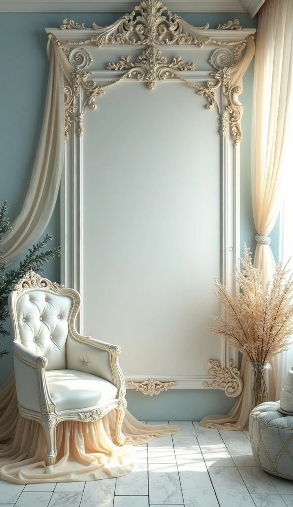 A hyper-realistic photo of a light blue and beige elegant templates design with a touch of sophistication to combine Victorian charm with Shabby Chic style, decorated with elegant sheer chiffon, antiques, baroque and gem stones, UHD, 8K resolution, masterpiece, high detailed. Ultra-realistic. 