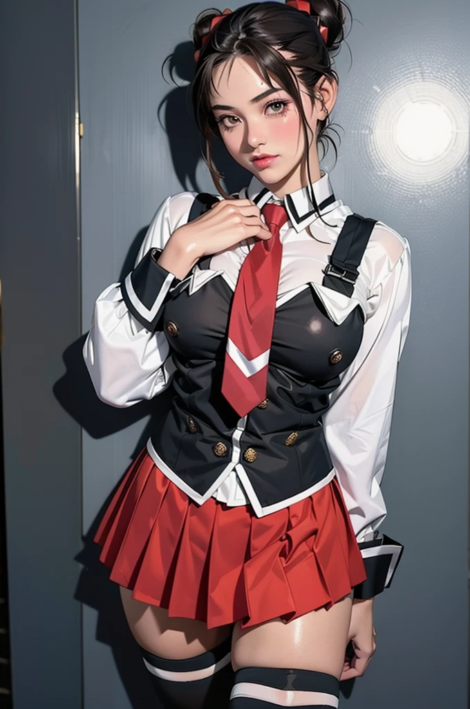 1girl, suspicious expression,(topheavy:1.2),(huge breasts:1.1), (topheavy:1.0),(bottomheavy:1.1), Joyful Victory Jump pose, (viewed from in front:1.1),beautiful face, seductive gaze, shiny skin, blush, eyeliner, eyeshadow, eyelashes, looking at viewer, Islands background , Brown eyes,( medium Aqua Braided Bun hairstyle),cinematic lighting, sunlight, volumetric, nice hands, perfect hands, zettai ryouiki, cosplayrealistic_bibleblack_schooldress_ownwaifu, pleated skirt, long sleeves, necktie, miniskirt, thighhighs, red necktie, vest, suspenders