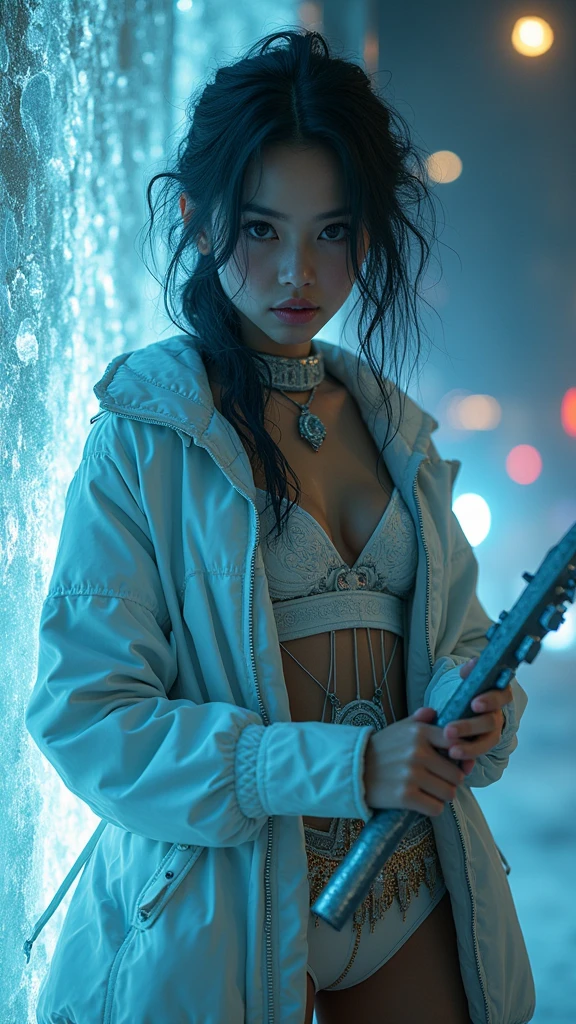 frozen poison, (Maximum quality、8k、32 mil、Masterpiece artwork、)、(Ultra high definition)、(Photorealistic:1.4)、Raw photo,perfects eyes,Charming perfect figure,Action:1.2,Detailed cyberpunk fashion、Cyberpunk World,depth of fields,nblurry background,、