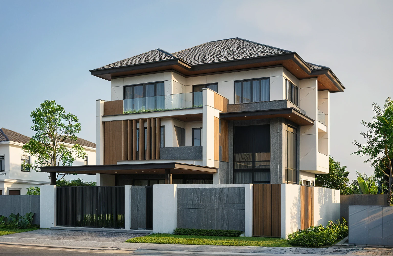 photo of A two-story modern house, (daylight), tropical tree, green shrub and plants, vivid color, streetcapes, minimalist design, brigth grey tone, (large glass door:1.2), warm interior lighting, modern material, best quality, ultra realistic, masterpiece,