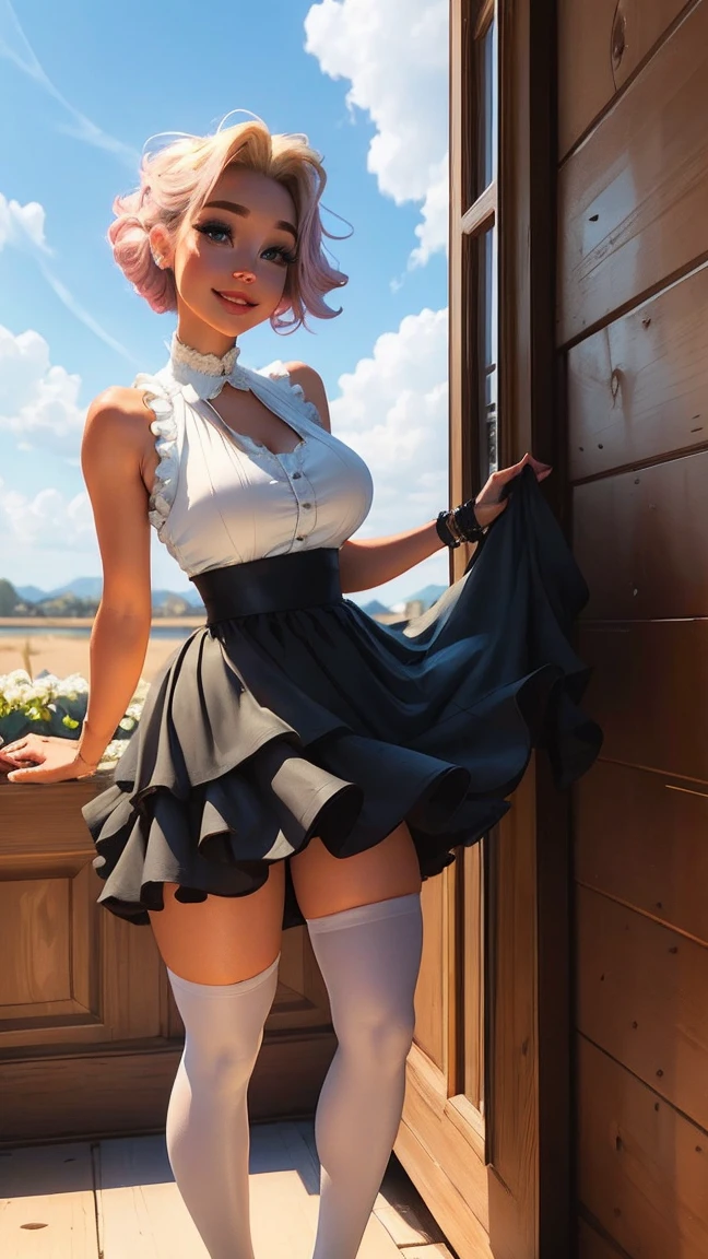 Highest Quality, masterpiece, beautifully detailed eyes, short Blonde Hair, Gradient Hair, pink highlights in hair, large breasts, standing, makeup, glossy lips, full lips, (natural lighting), (blue sky), sleeveless idol dress, tiered skirt, layered skirt, very puffy skirt, thigh highs, boots, light smile, hair ornament, boob window