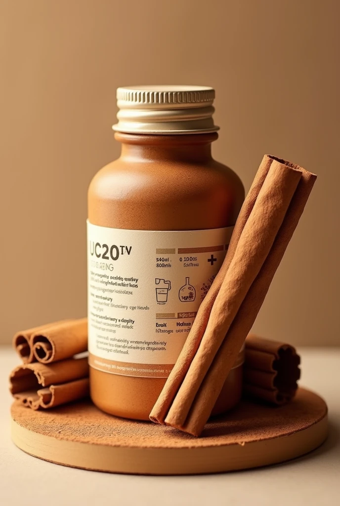Create an image on a medicine bottle that is made of cinnamon, and that on the front it has a cinnamon stick and behind it important information and on one side it says cinnamon Jp
