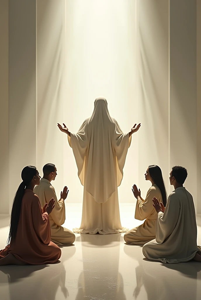 6 people kneeling worshiping a person standing in front of them 