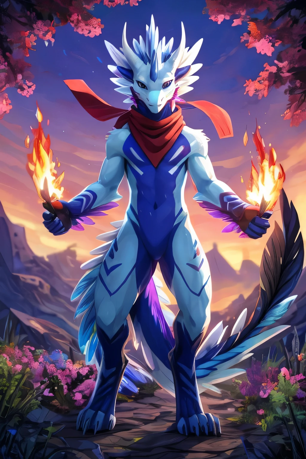 (anime), (front facing), (looking at the camera), slim furry white dragon using fire magic, blue secondary body color, (black, magenta and blue complimentary colors), spikes, very long muzzle, neck and tail fur, digitigrade, creative horns, feathers, dark gradient, (wearing only a scarf), body markings, nature background, full body