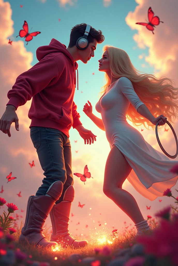 Young kid with red hoodie, headphones, rocket boots, Vs. Blonde Nun woman, (Big tits & perfect body), Busty, power, fiction, full body, 2 persons, magic lasso, hight, fall, fire in boots, poweful spells, realistic, gun, flying in the sky, love, passion, kissing, Romance, kiss on the mouth, tongue kiss, kiss on the breasts, butterfly world, happy, blue sky, pink world