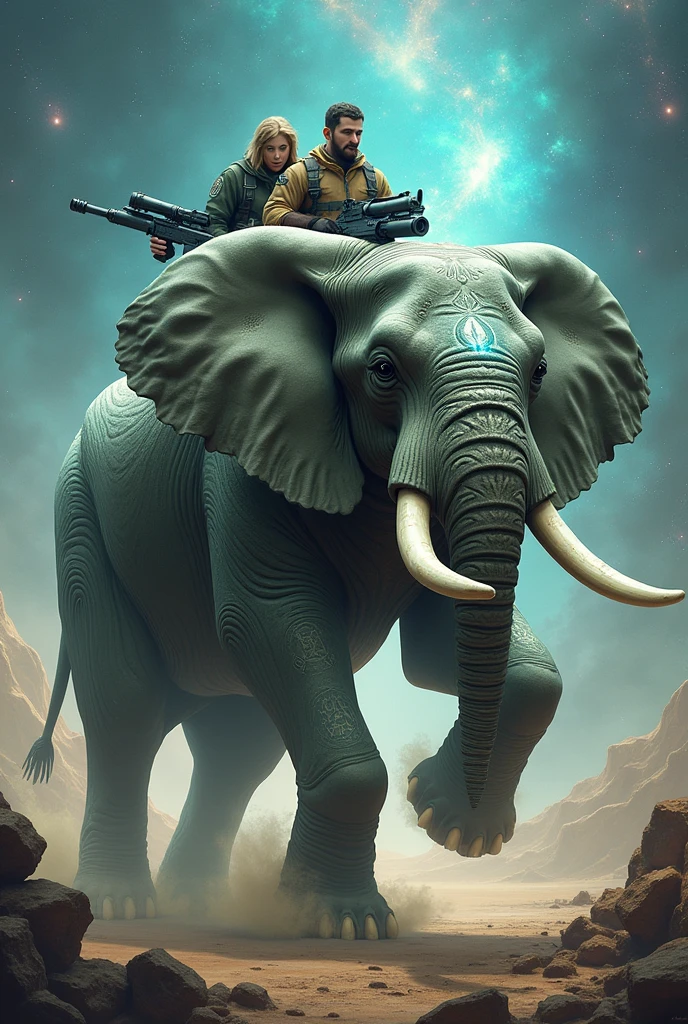 Astral Psychic Tactical Elephant with machine guns on the sides that has Jake the Dog and Afil the Human on top