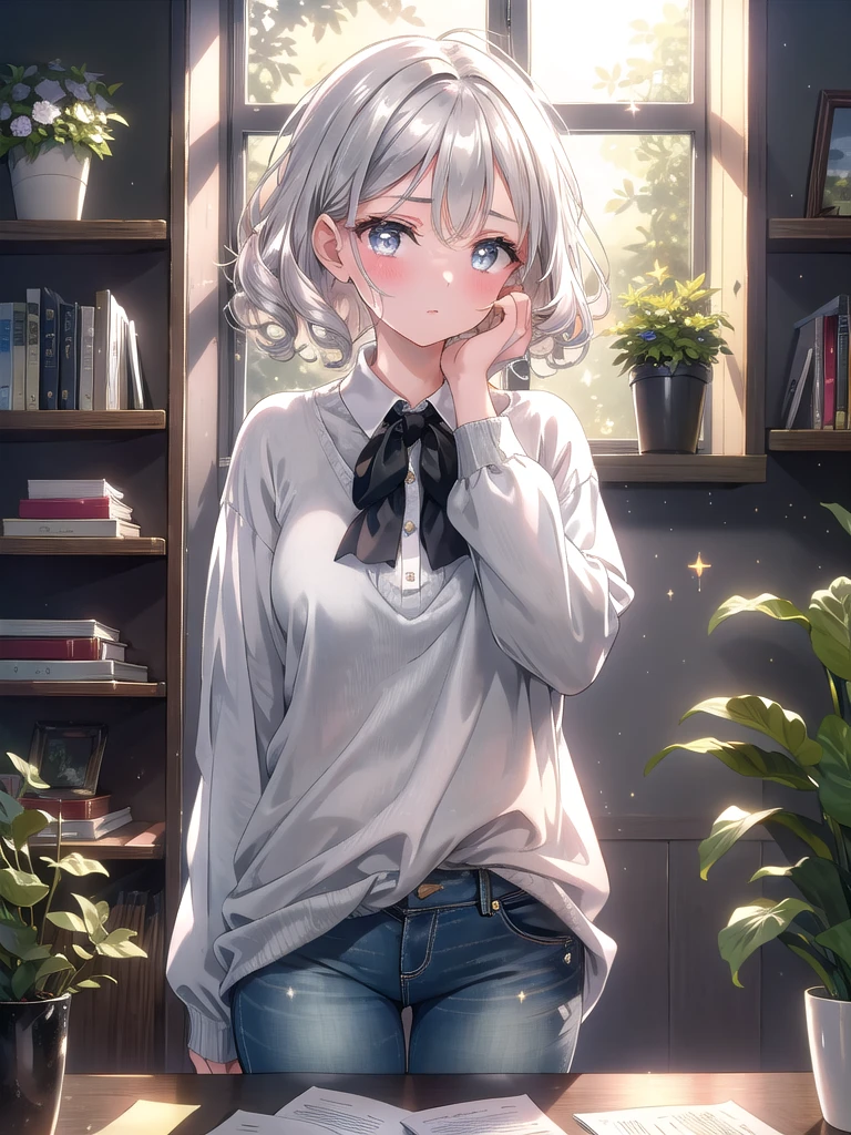 ((8k, Best Quality, Masterpiece: 1.3)), Ultra High Resolution, (One Girl, One Person), (Color Changing Eyes, Super Detailed, Expressive Sparkle, Sparkling, Glowing Eyes), Highly Detailed Eyes,In a sleek, modern study area, illuminated by the gentle afternoon sunlight coming through a window, a girl with short silver hair sits at a desk, deeply engrossed in her research. Her short silver hair, styled to frame her face with soft curls and bangs that rest on her forehead, accentuates her sharp, slightly slanted gray eyes that convey a strict and focused expression. Despite her stern demeanor, her cheeks have a faint blush that adds a hint of endearing quality. She wears a relaxed, contemporary outfit consisting of a casual blouse and tailored jeans. As she writes notes and reviews her materials, her intense gaze remains fixed on her work, surrounded by organized books and reference papers. The room’s minimalist decor and a few decorative plants contribute to a calm, productive environment.