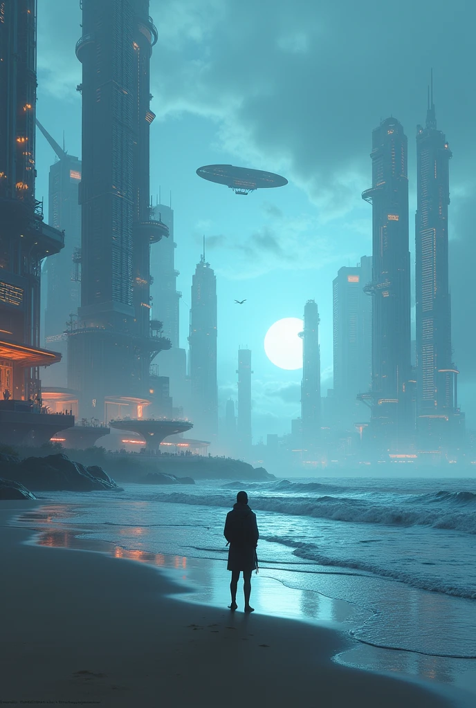a cyberpunk themed beach, and that expresses tranquility