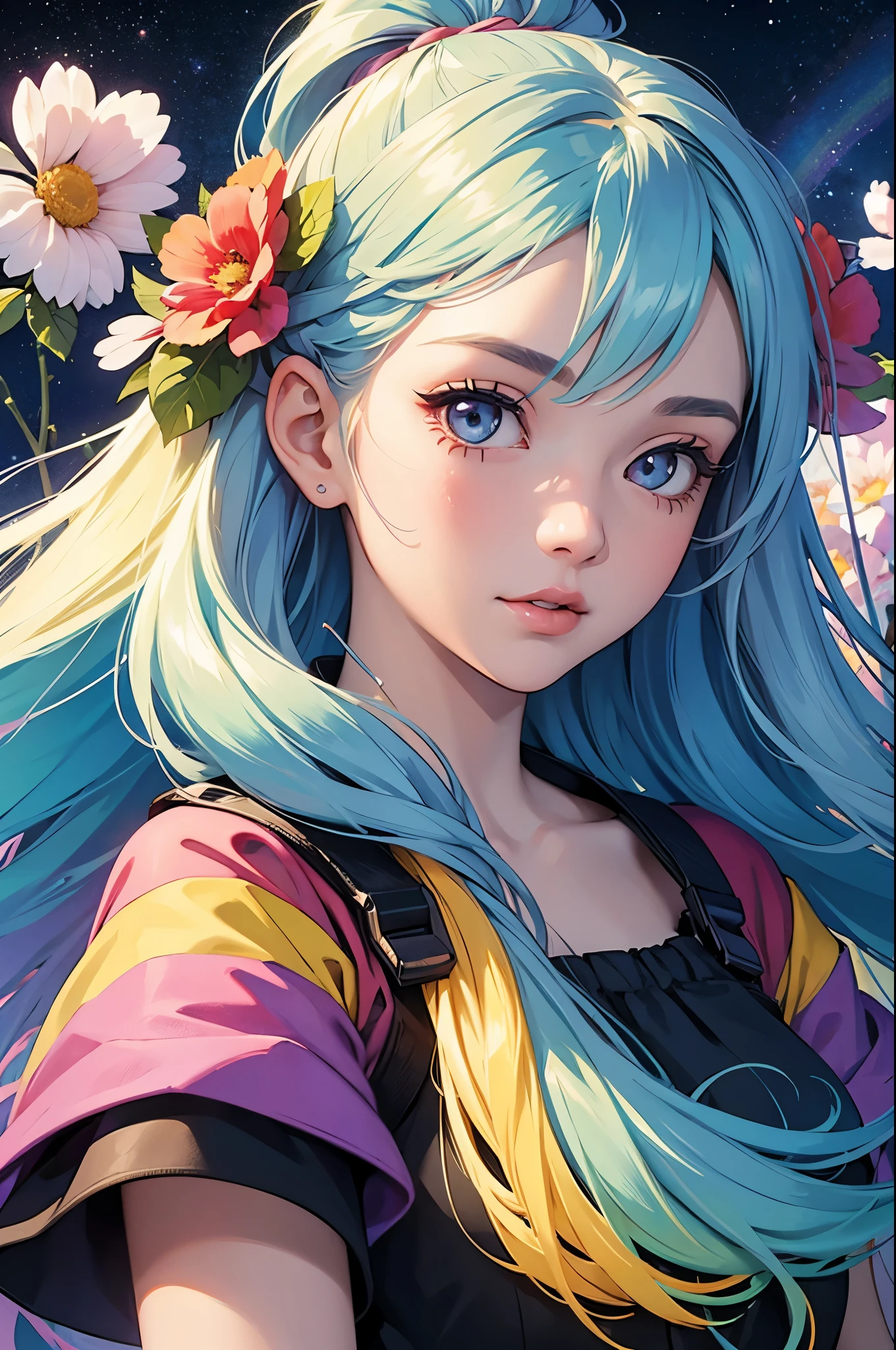 Girl with long rainbow hair, face up, space in eyes, flowers