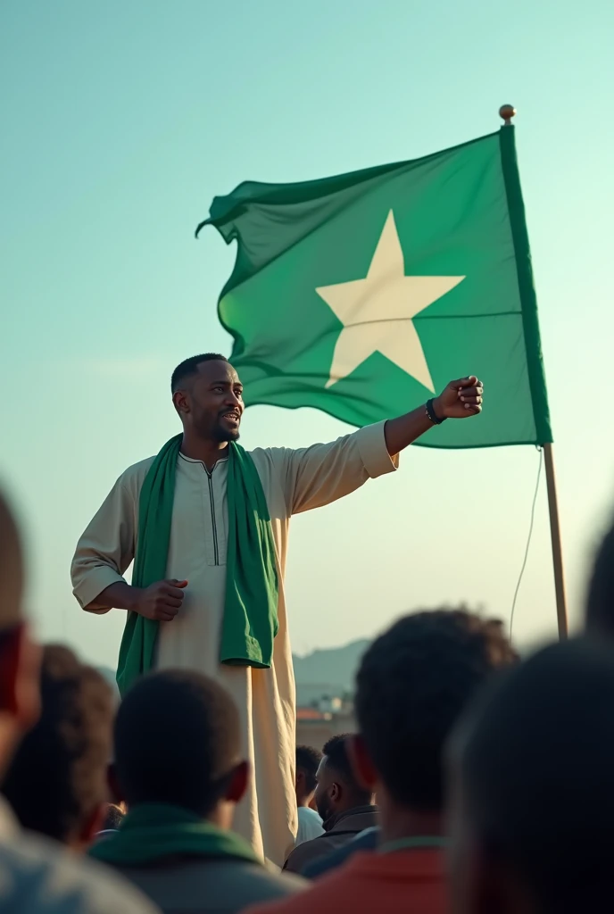 Cinematic -style image of a Somali man, who designed the Somali flag, standing confidently, waving the flag. He wears traditional Somali cloth, surrounded by a crowd , camera focus from the front ,having speech with the crowd, The Somali flag, with a light blue background and a white five-pointed star in the center