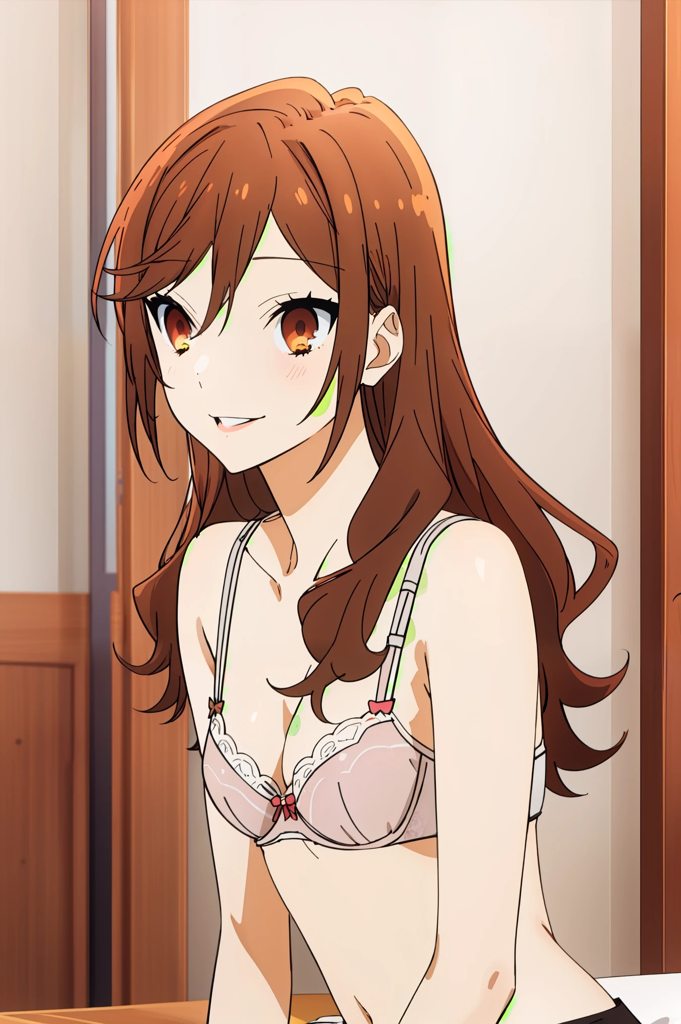 (pixel-perfect, picture-perfect, detail-perfect, masterpiece-perfect, enhanced-details-perfect, 3D-hyperrealistic-details-perfect, clear-and-distinct-details-perfect) (official style, style parody, anime-style, anime-perfect)   1girl, smile, ((bra)), small breasts, long hair, cleavage