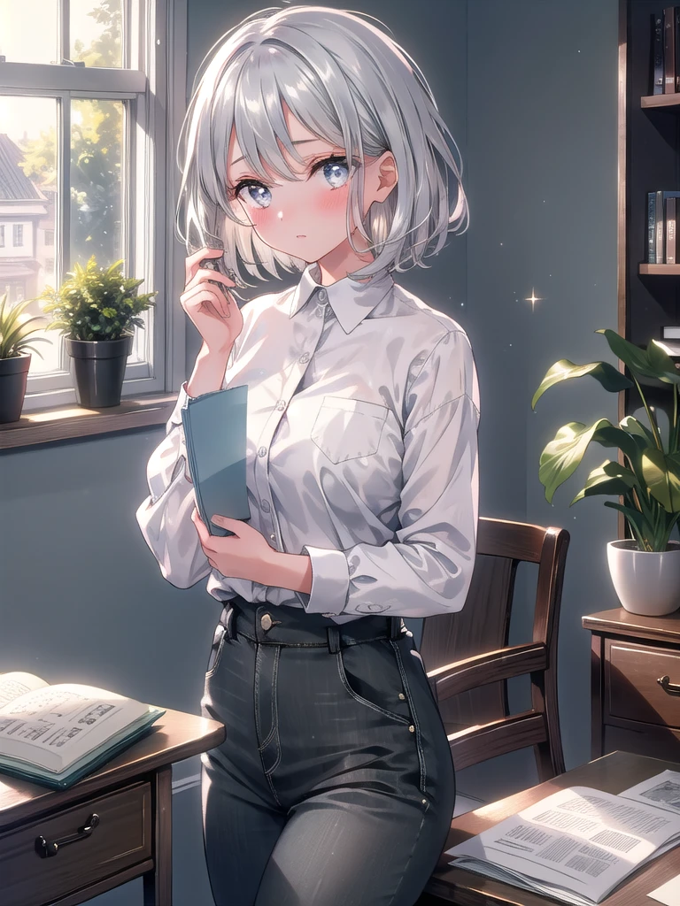 ((8k, Best Quality, Masterpiece: 1.3)), Ultra High Resolution, (One Girl, One Person), (Color Changing Eyes, Super Detailed, Expressive Sparkle, Sparkling, Glowing Eyes), Highly Detailed Eyes,In a modern, stylish living room, filled with the warm glow of afternoon light streaming through the window, a girl with short silver hair is seated at a desk, absorbed in studying. Her short silver hair, smooth and curling gently around her face, features bangs that lightly touch her forehead. Her large, slightly slanted gray eyes, which carry a stern and intense expression, are the focal point of her appearance, with a subtle blush on her cheeks adding a hint of softness. She is dressed in a contemporary, casual outfit—a loose-fitting shirt and high-waisted trousers. At the desk, she is diligently making notes and referencing materials from an open book, with the desk strewn with study papers. The room’s clean, minimalist decor and a few potted plants create a serene and focused study environment.