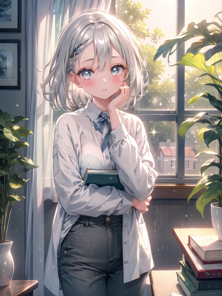 ((8k, Best Quality, Masterpiece: 1.3)), Ultra High Resolution, (One Girl, One Person), (Color Changing Eyes, Super Detailed, Expressive Sparkle, Sparkling, Glowing Eyes), Highly Detailed Eyes,In a modern, stylish living room, filled with the warm glow of afternoon light streaming through the window, a girl with short silver hair is seated at a desk, absorbed in studying. Her short silver hair, smooth and curling gently around her face, features bangs that lightly touch her forehead. Her large, slightly slanted gray eyes, which carry a stern and intense expression, are the focal point of her appearance, with a subtle blush on her cheeks adding a hint of softness. She is dressed in a contemporary, casual outfit—a loose-fitting shirt and high-waisted trousers. At the desk, she is diligently making notes and referencing materials from an open book, with the desk strewn with study papers. The room’s clean, minimalist decor and a few potted plants create a serene and focused study environment.




