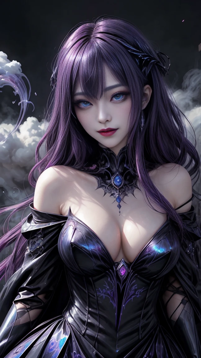強力なスーパーevil女がクローズアップでポーズをとる, Black Goddess (Expose your shoulders), length, Flowing purple hair, View your audience, Highly detailed face, Perfect hands, Blue smoke swirling around her, evil事を愛する, Captivating blue eyes, Dark fantasy, Genuine, Symmetric, Attention to detail, Esoteric arachnids lady, Spider Queen Elise, League of Legends, Esoteric arachnids, Combat Stance, ( The body is made with liquid metallic paints in metallic mauve and metallic black....、It beautifully depicts the female form....。), length, Sharp Fangs, nature, ((Complex metallic colors in the foreground)), (( Fluid Mechanics, The most beautiful smooth scale face makeup, Smirking expression)) - Dark blood, Onyxia、Noir painting of a beautiful young witch, length purple hair, dark purple lips, evil, evil女, smile, Black Prom Dress, She is coming to you, close, Bright Blue Eyes, Surrounded by swirling pink smoke, Genuine, Attention to detail, Highest quality
