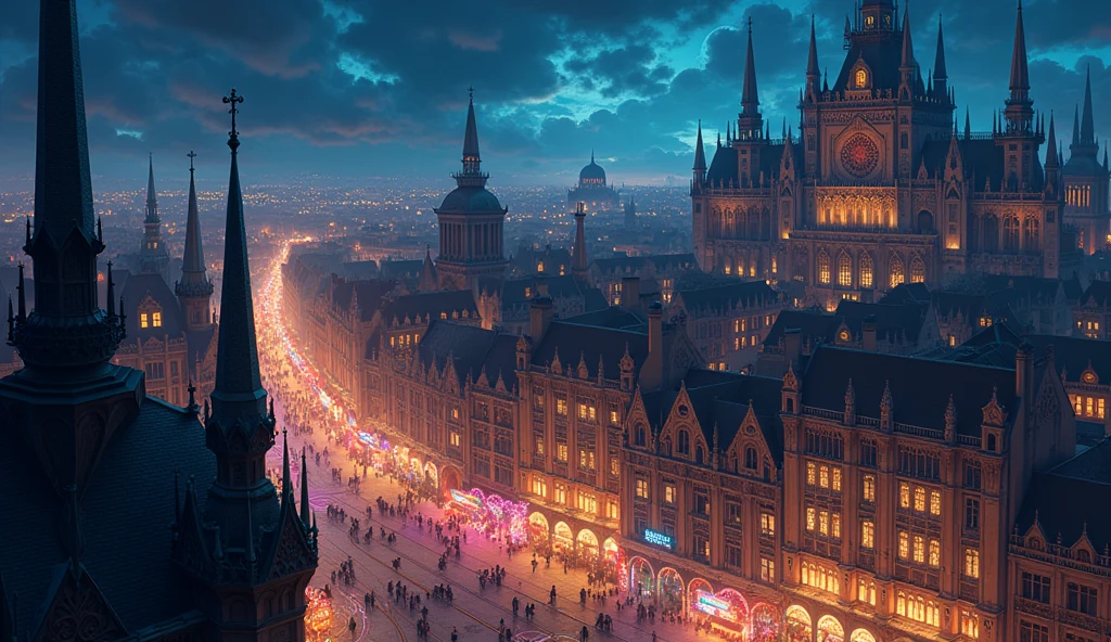 a city with gothic, aristocratic and carnival vibes in anime style, bird eye view at night